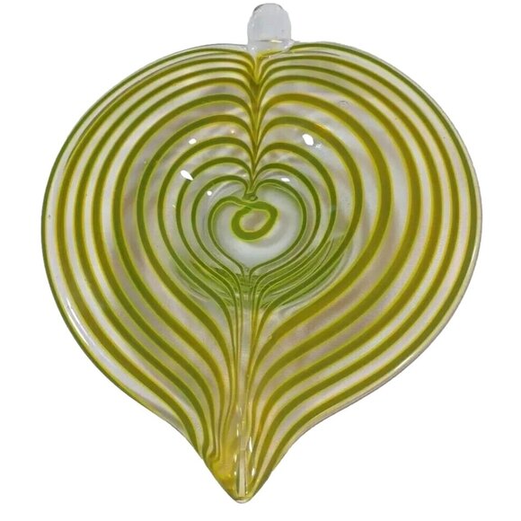 Mid Century Murano Centerpiece Bowl Tyra Lundgren Leaf Stripes Green Yellow - Picture 3 of 16
